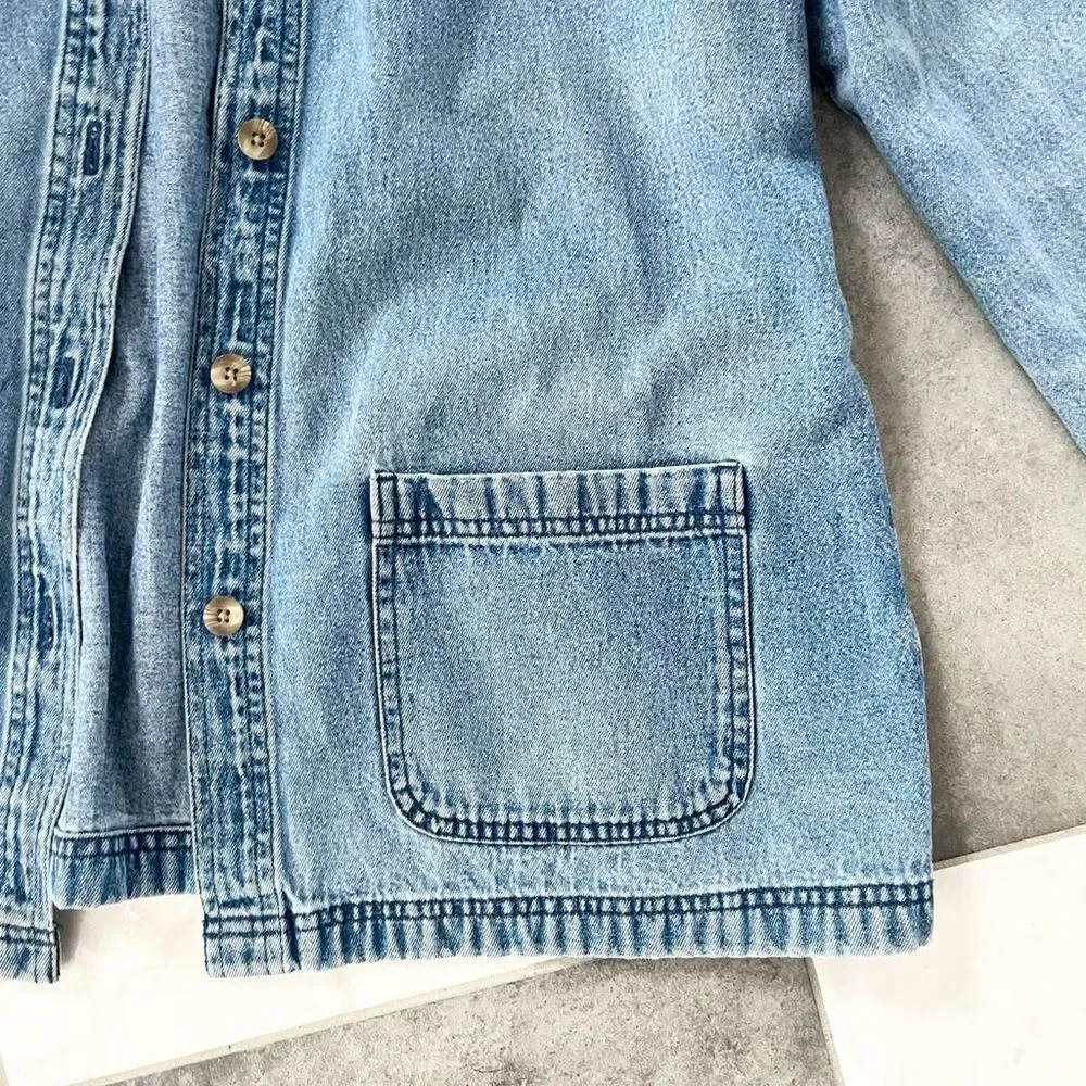 Perfectly Faded 90s Vintage Blue Denim Barn Chore Coat Jacket Small Medium Women - Picture 2 of 5